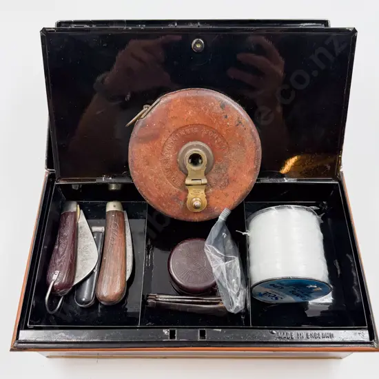 Vintage Cache Box with Assorted Vintage Items Including Pocket Knives Measuring Tape Etc