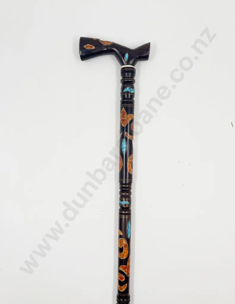 Rosewood Gem Inlaid Walking Stick with Turquoise & Carnelian Inlay Image 1++