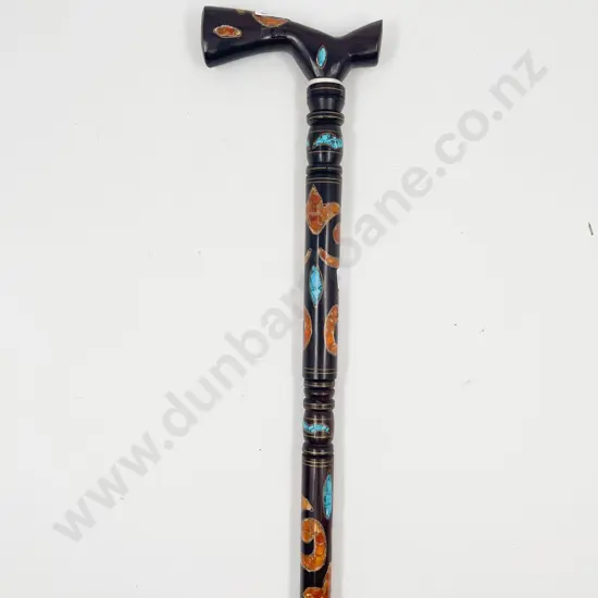 Rosewood Gem Inlaid Walking Stick with Turquoise & Carnelian Inlay