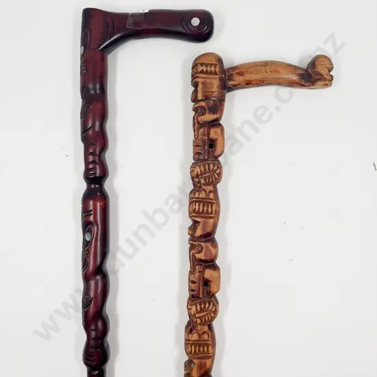 Two Maori Design Carved Walking Sticks