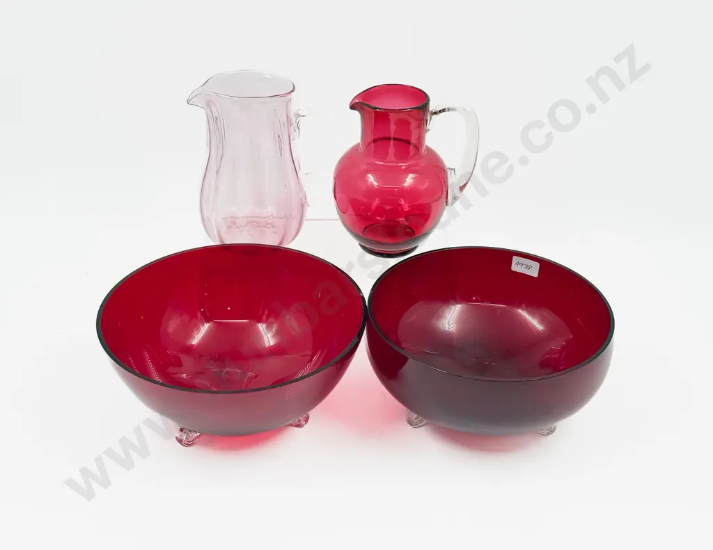 Two Ruby Glass Footed Bowls & Cranberry Glass Jug etc Image 1++