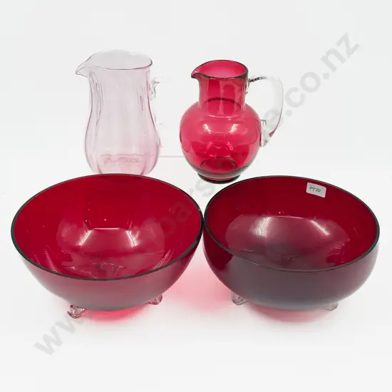 Two Ruby Glass Footed Bowls & Cranberry Glass Jug etc