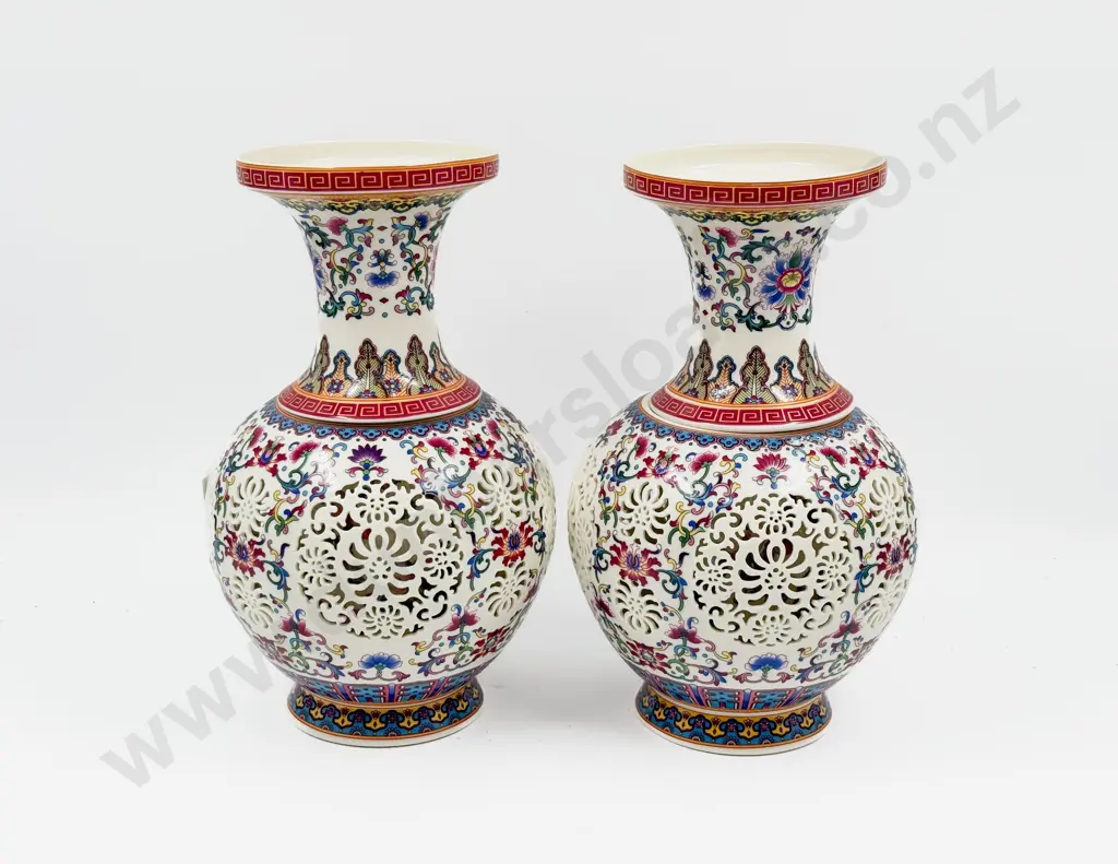 Pair Modern Chinese Pierced Sectional Vases Image 1++