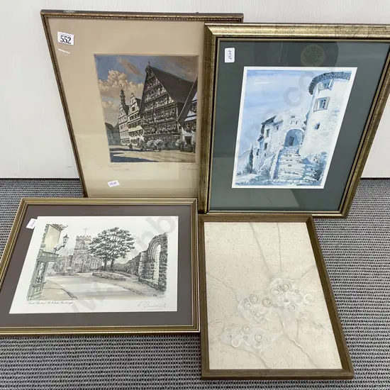 European Etching & Three Assorted Framed Works