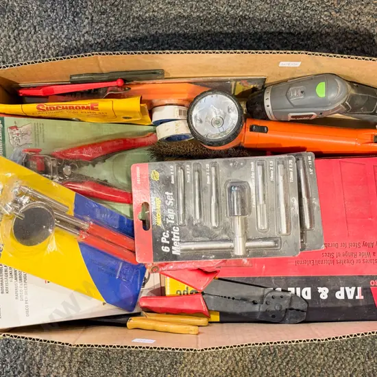 Boxed Quantity of Assorted Tools & Tool Accessories Including Metric Tap Set