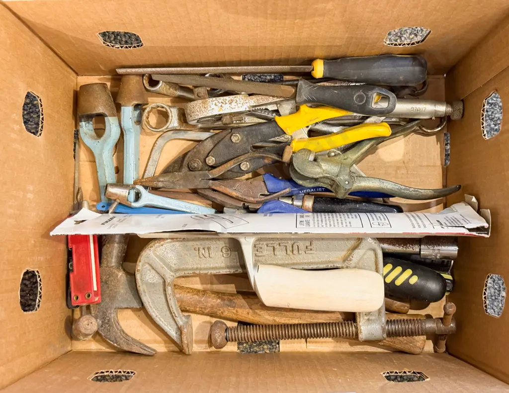 Box of Assorted Tools Including Clamp Image 1++