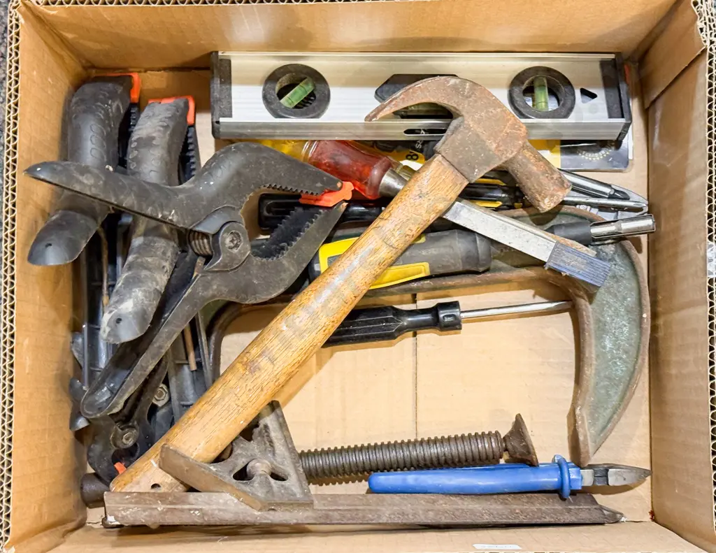 Box of Assorted Tools & Clamps Etc Image 1++