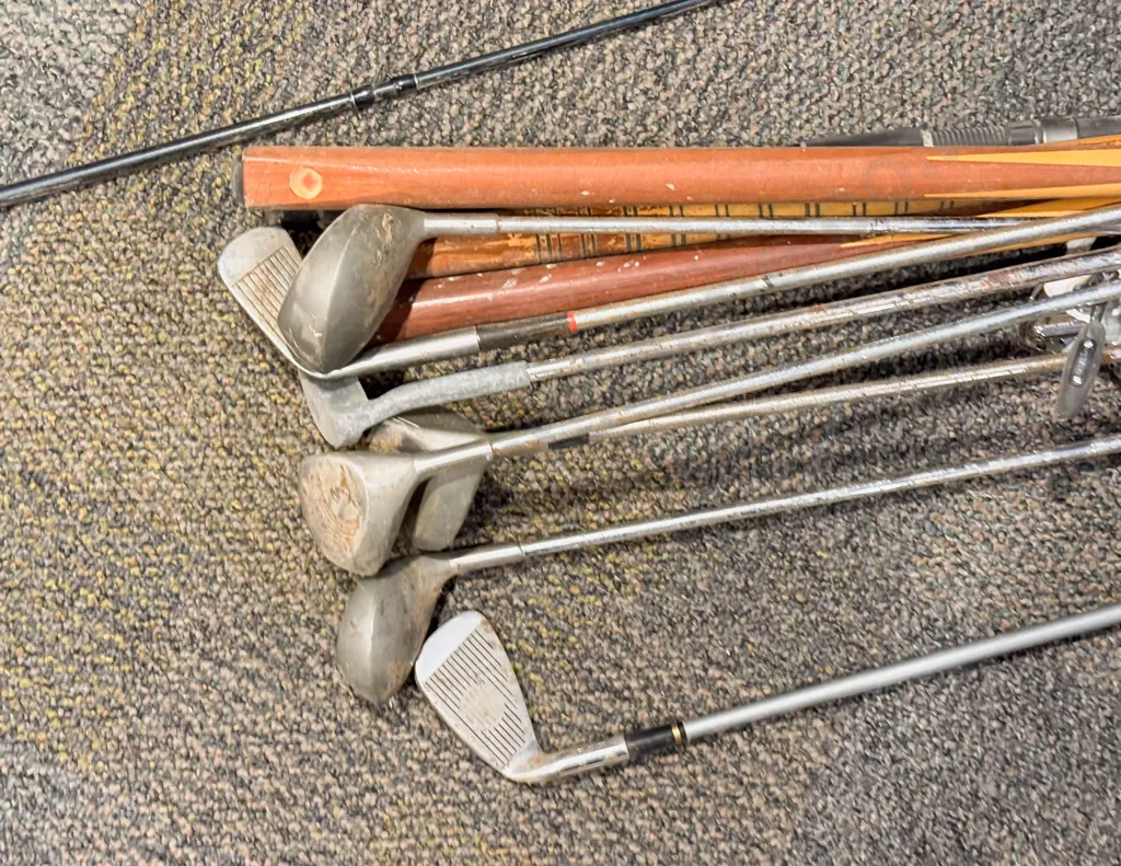Three Pull Sticks with Assorted Vintage Golf Clubs & Fishing Rod Image 1++