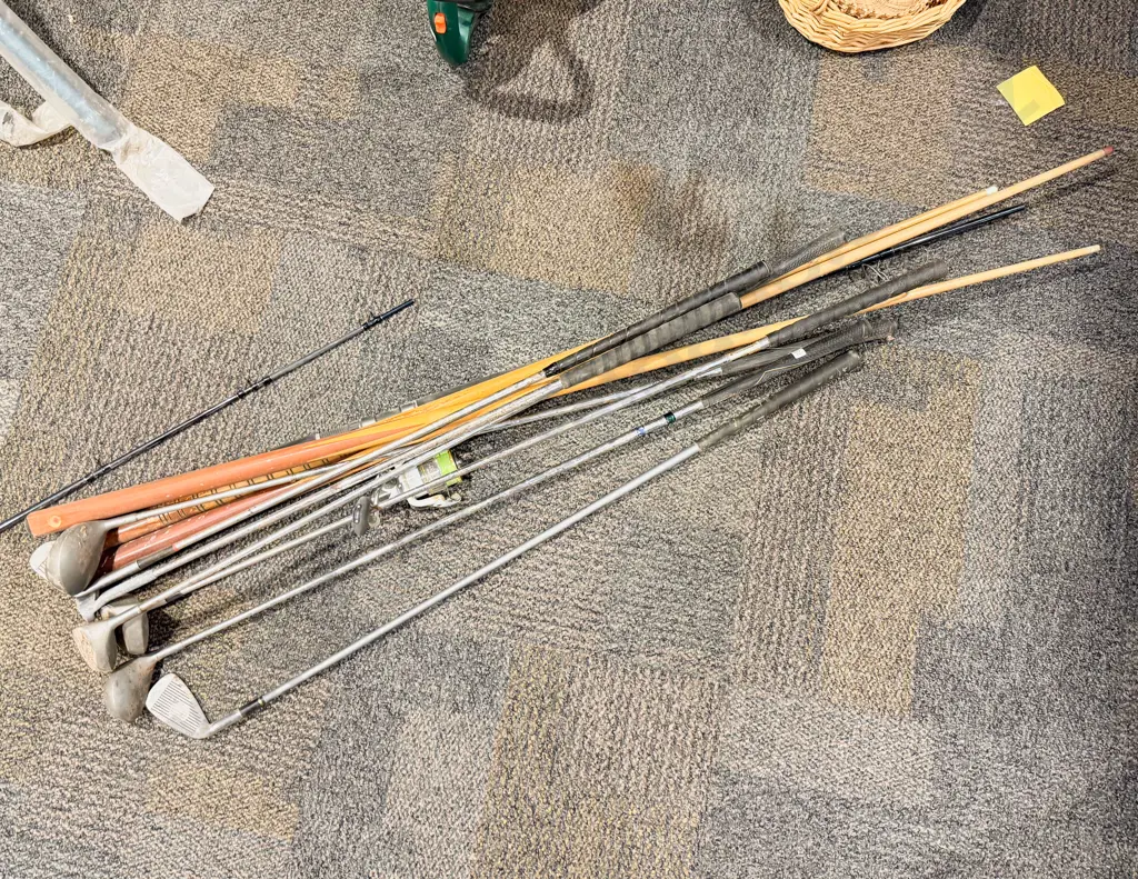 Three Pull Sticks with Assorted Vintage Golf Clubs & Fishing Rod Image 1++