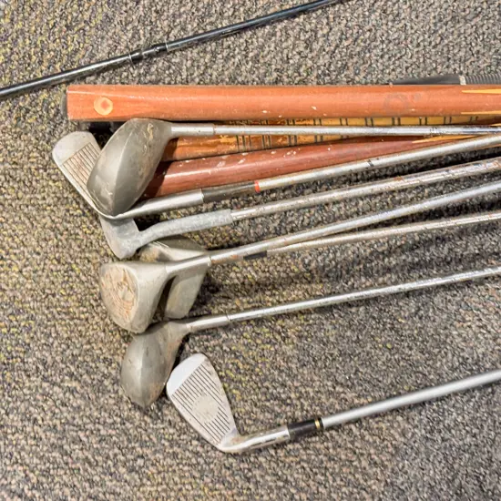 Three Pull Sticks with Assorted Vintage Golf Clubs & Fishing Rod