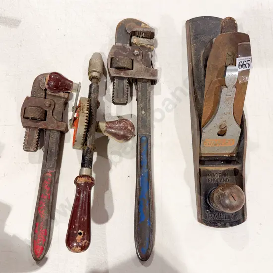 Stanley No. 5 1/2 Plane with Vintage Pipe Wrenches and Stanley Hand Drill