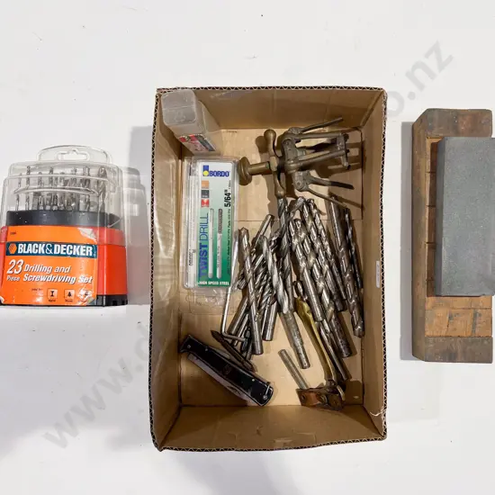 Qty of Assorted Drill Bits with Two Sharpening Stones etc