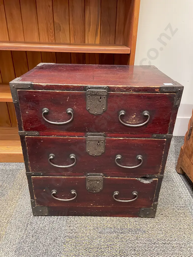 Small Japanese Pine Three Drawer Side Chest Image 1++