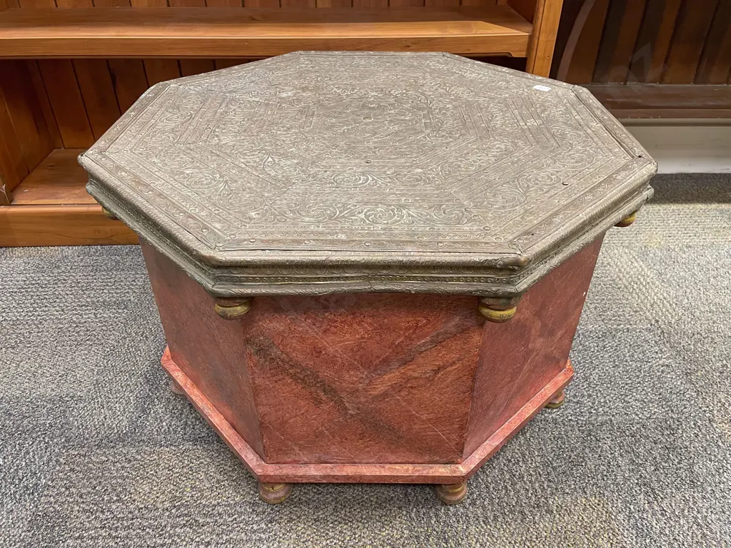 Indian Brass Topped Octagonal Coffee Table Image 1++