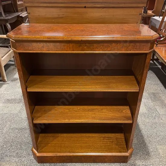 Reproduction Burr Walnut & Mahogany Open Bookcase