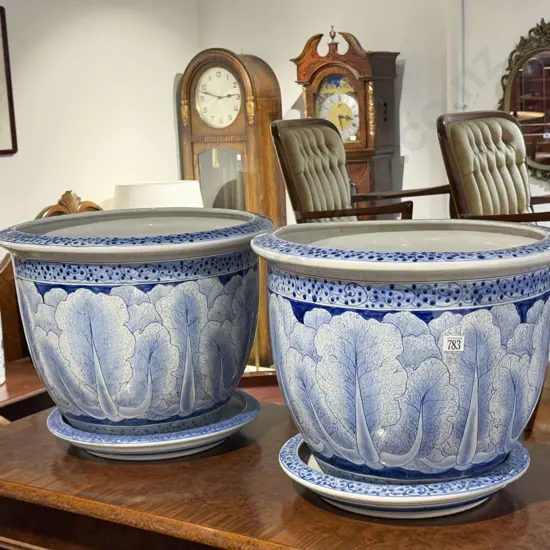 Pair of Blue & White Ceramic Planters with Trays