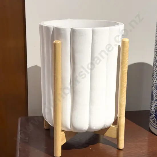 Modern Ceramic Planter on Wooden Stand