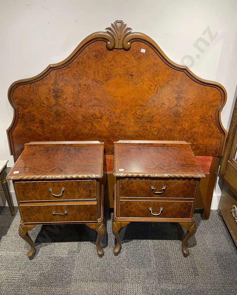Pair of Reproduction Burr Walnut Bedside Drawers together with Burr Walnut & Mahogany Bed Headboard Image 1++
