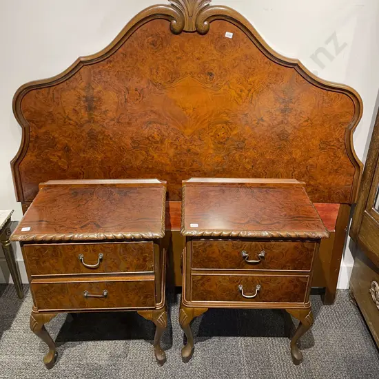 Pair of Reproduction Burr Walnut Bedside Drawers together with Burr Walnut & Mahogany Bed Headboard