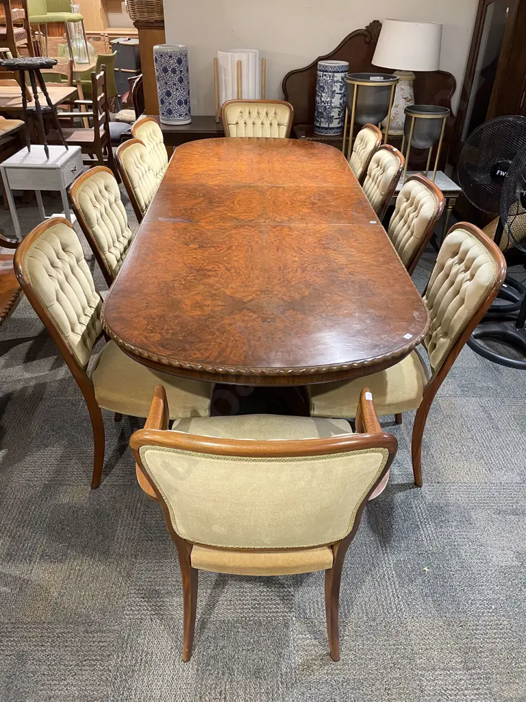 Reproduction Burr Walnut & Mahogany D-End Extension Dining Table with Ten Dining Chairs Image 1++