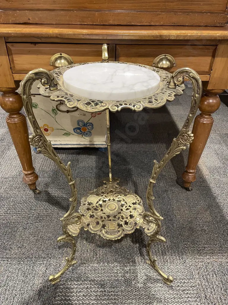 Brass Two-Tier Plant Stand with Marble Insert to Top Image 1++