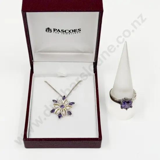 Sterling Silver and Cubic Zirconia Floral Pendant on Neck Chain and Ring