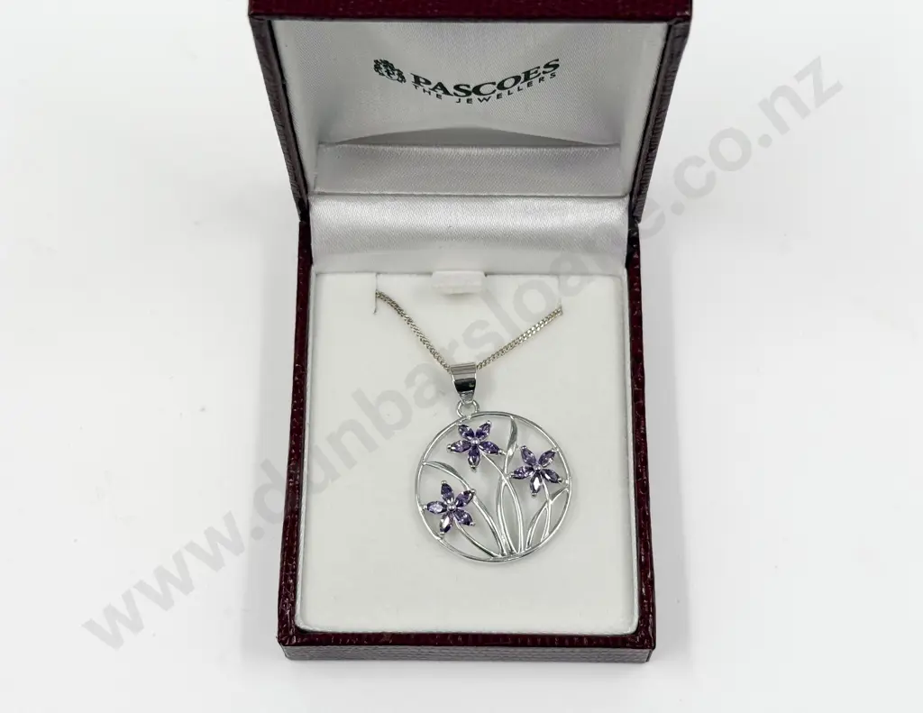 Sterling Silver Purple Cubic Zirconia Floral Pendant on Neck Chain Image 1++