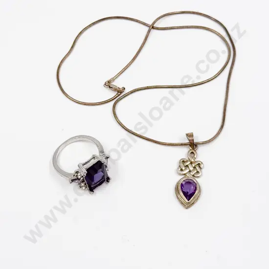 Sterling Silver Single Stone Amethyst Pendant on Chain with Dress Ring