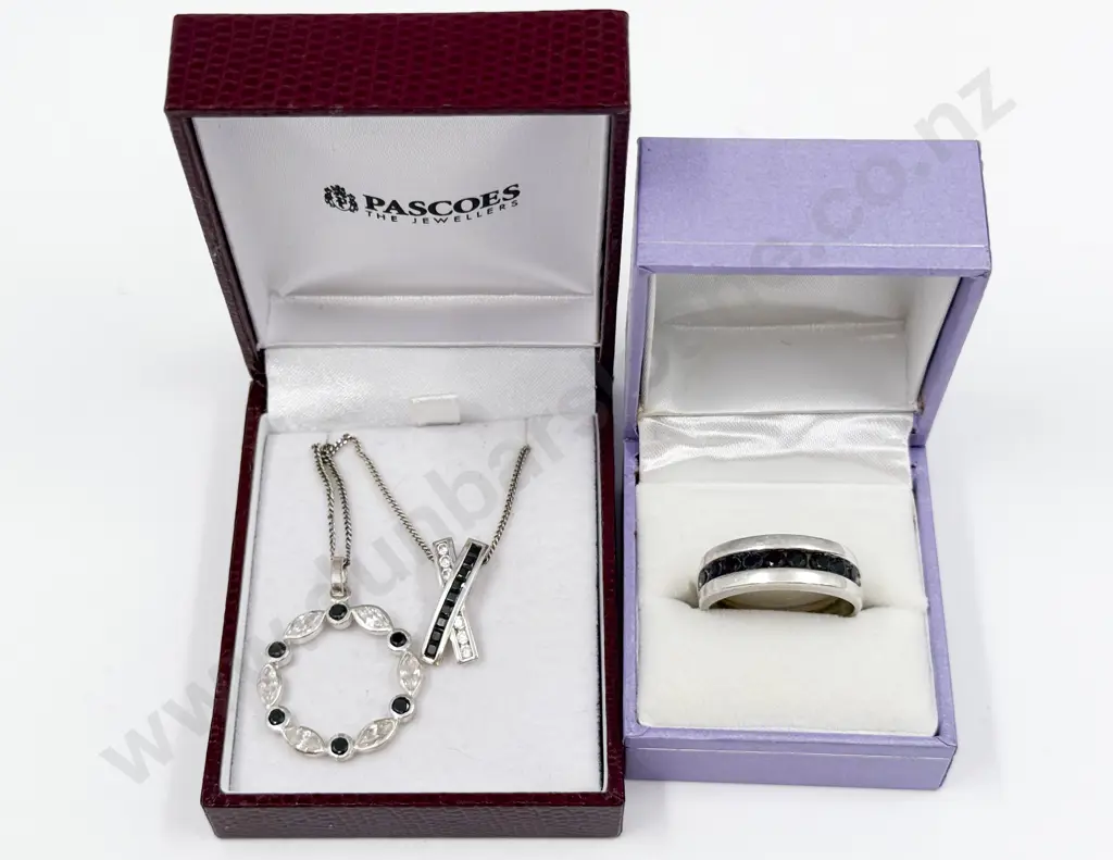 Two Sterling Silver Black and White Cubic Zirconia Pendants on Neck Chain and Ring Image 1++
