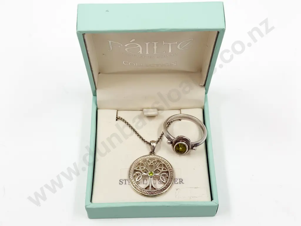 Sterling Silver Single Stone Peridot Tree of Life Pendant on Chain with Peridot Ring Image 1++