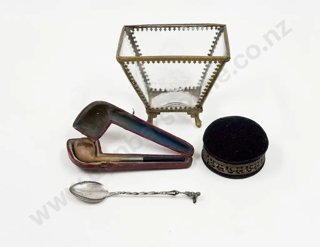 Antique Display Case with Sterling Silver Cherub Spoon Vintage Cased Pipe and Other Image 1++