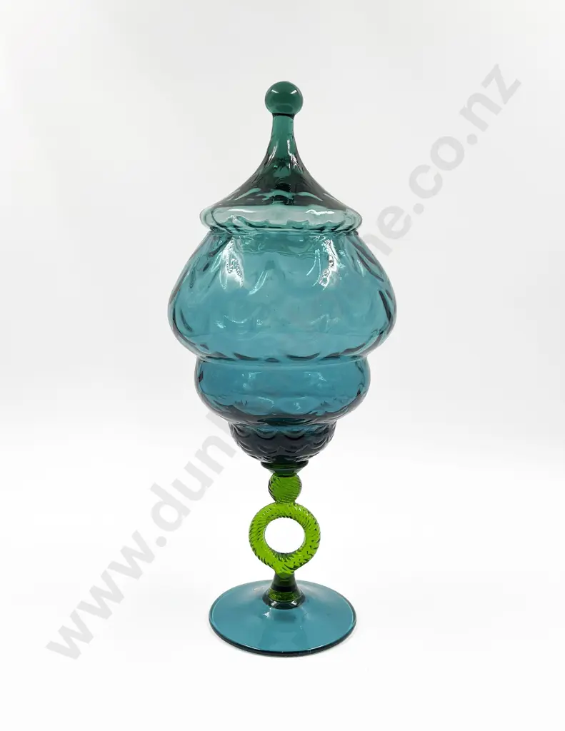 Mid Century Design Teal Art Glass Lidded Vase Image 1++