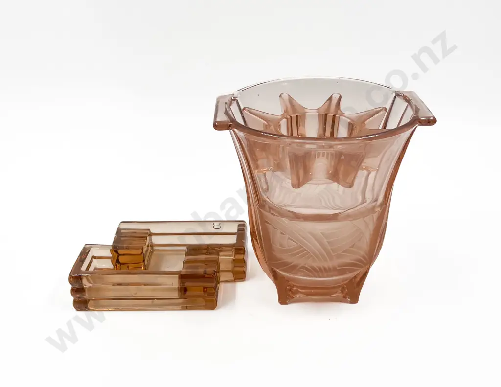 Pressed Glass Vase with Frog together with Ashtray Image 1++