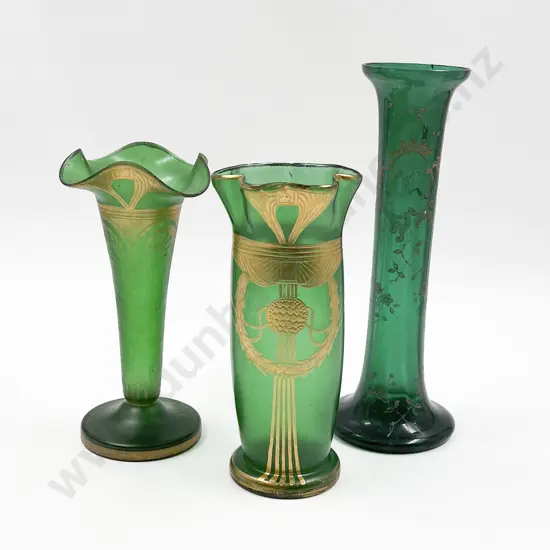 Three Assorted Green Glass Vases