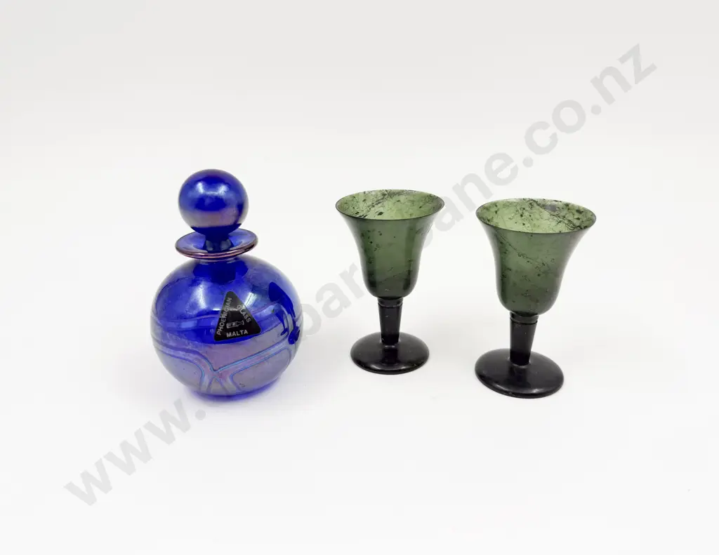 Phoenician Malta Art Glass Scent Bottle together with Two Spinach Jade Liqueur Glasses Image 1++