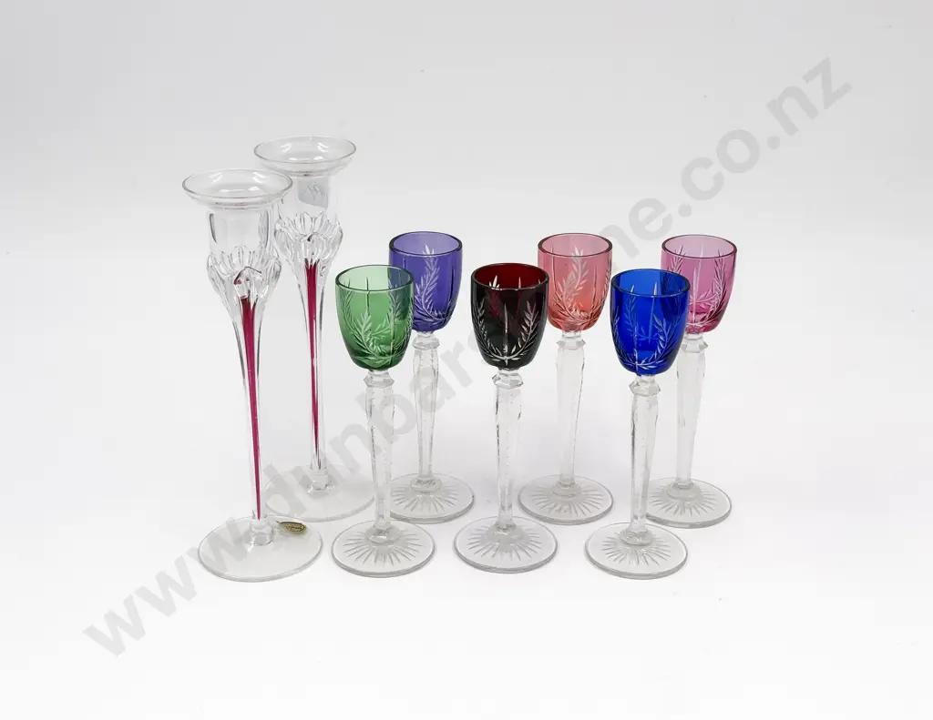 Pair of Glass Candle Holders together with Six Long Stemmed Liqueur Glasses Image 1++