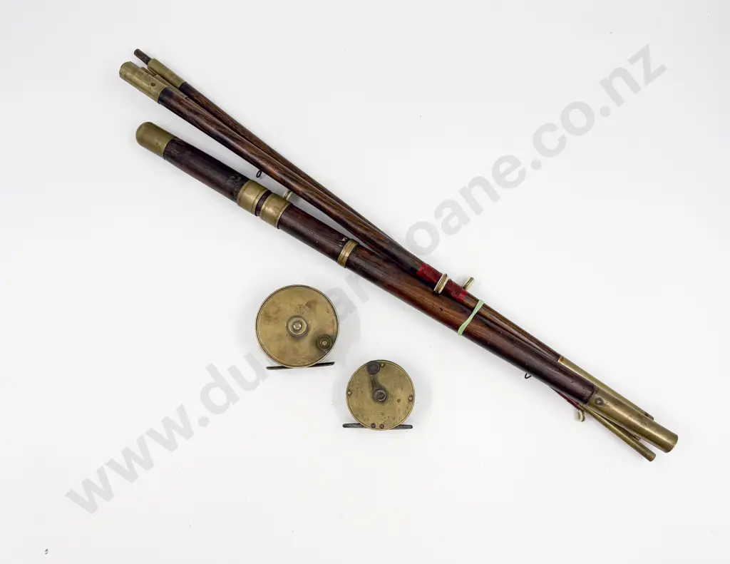 Vintage Brass Mounted Fishing Rod with Two Brass Reels Image 1++