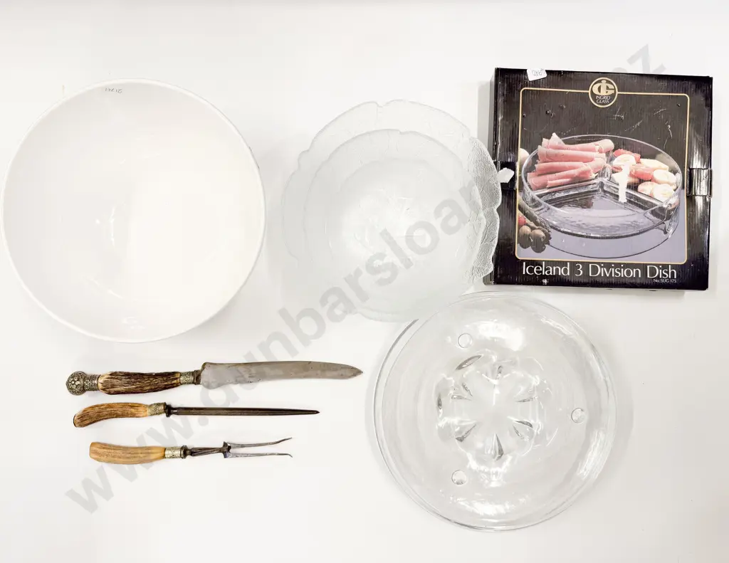 Quantity of Assorted Glass Serving Ware together with Large Table Bowl & Horn Handled Carving Set Image 1++