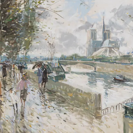 Guy Huze - Parisian Street Scene with View of Notre Dame