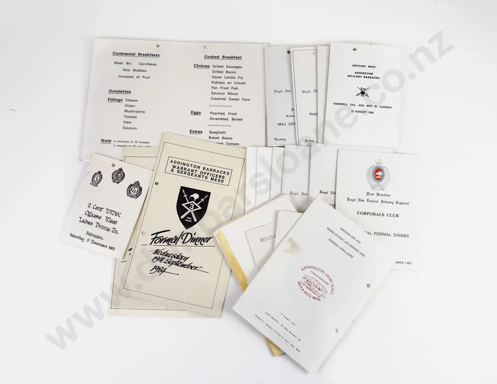 Collection NZ Army Regimental Formal Dinner Menu Cards C1963 to 1992 Image 1++