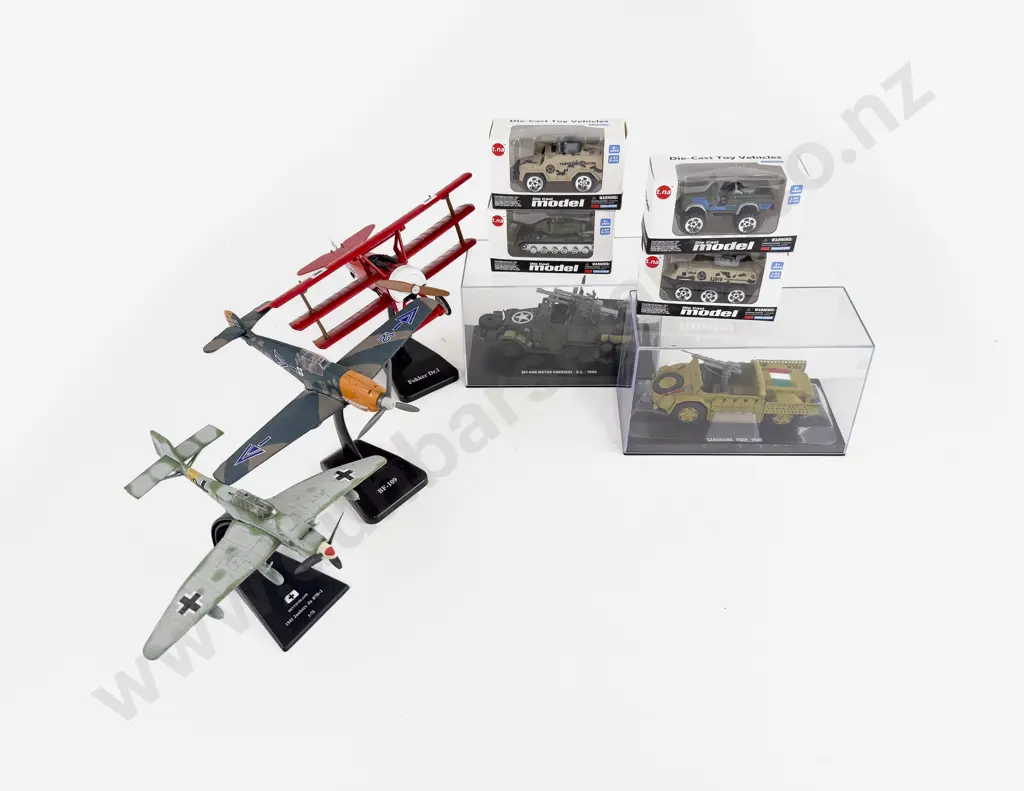Various Scale Model SIx Military Vehicles and Three Fighter Plane Models Image 1++