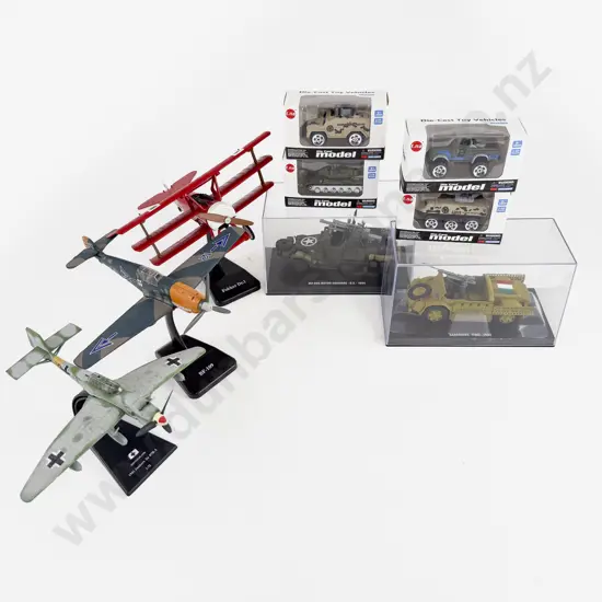 Various Scale Model SIx Military Vehicles and Three Fighter Plane Models