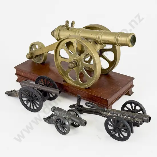 Small All Brass Field Cannon Model on Stand with Three Miniature Models