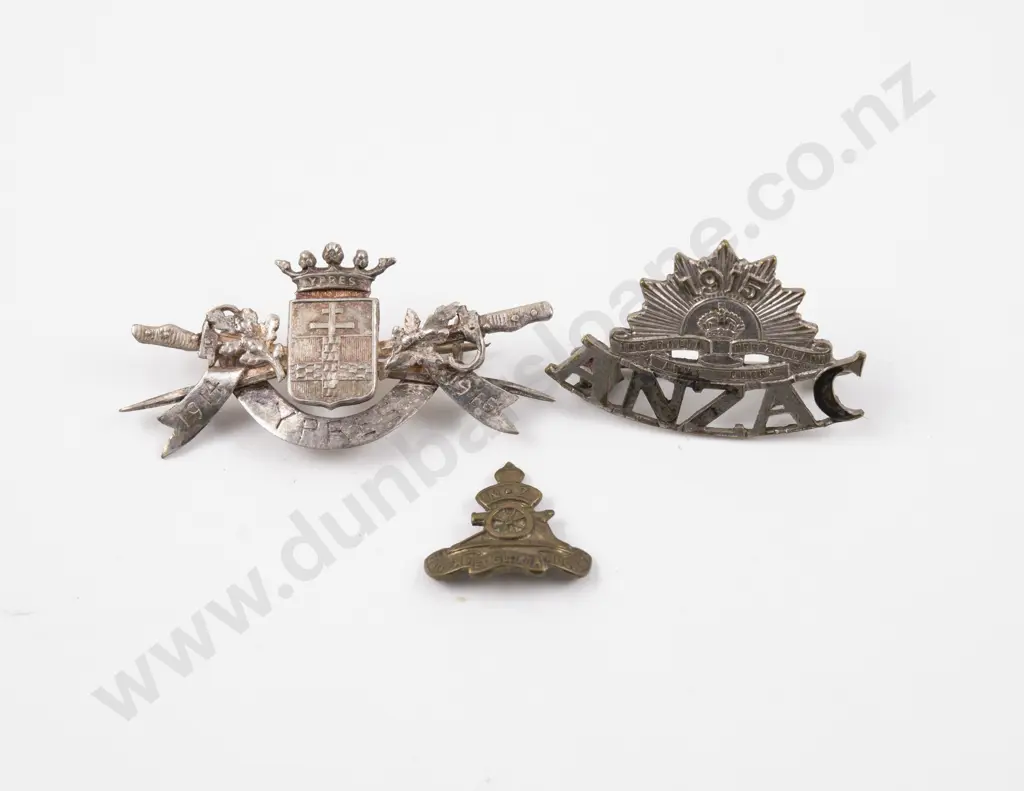 WWI Period Two Silver Sweetheart Brooches 1915 ANZAC and 1914 - 1916 Ypres & Artillery Pin Image 1++