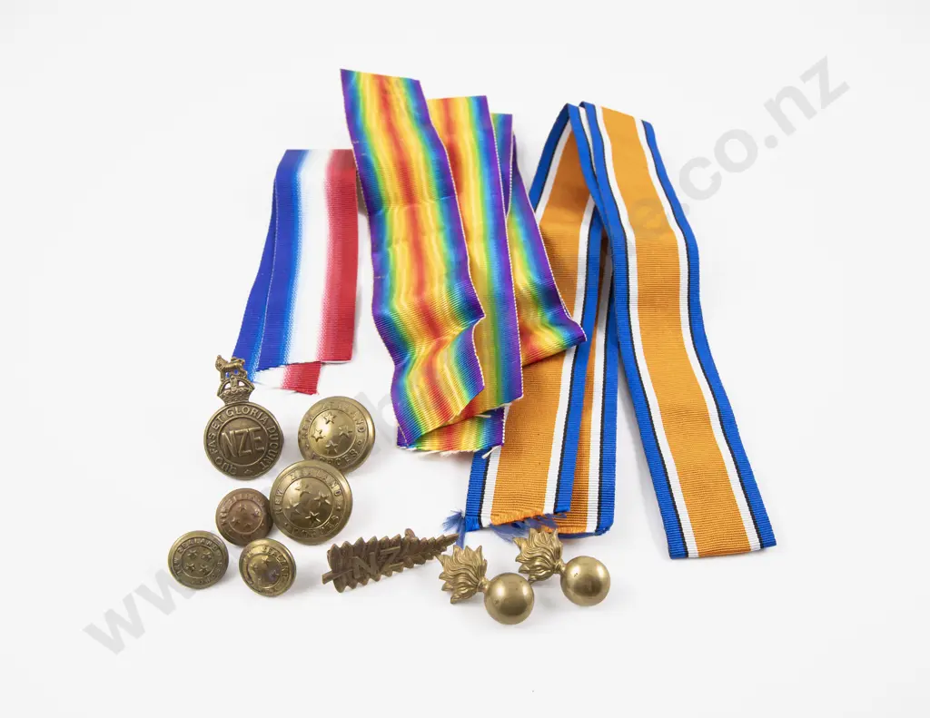 NZ Buttons and Badges (9) with WWI Military Medal Ribbons Image 1++
