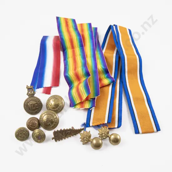 NZ Buttons and Badges (9) with WWI Military Medal Ribbons