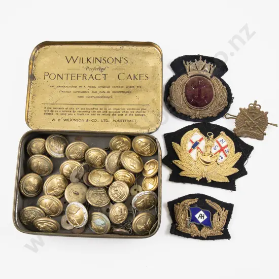 Small Qty Various Maritime Brass Buttons with Three Cloth Badges and Cadet Corps Badge