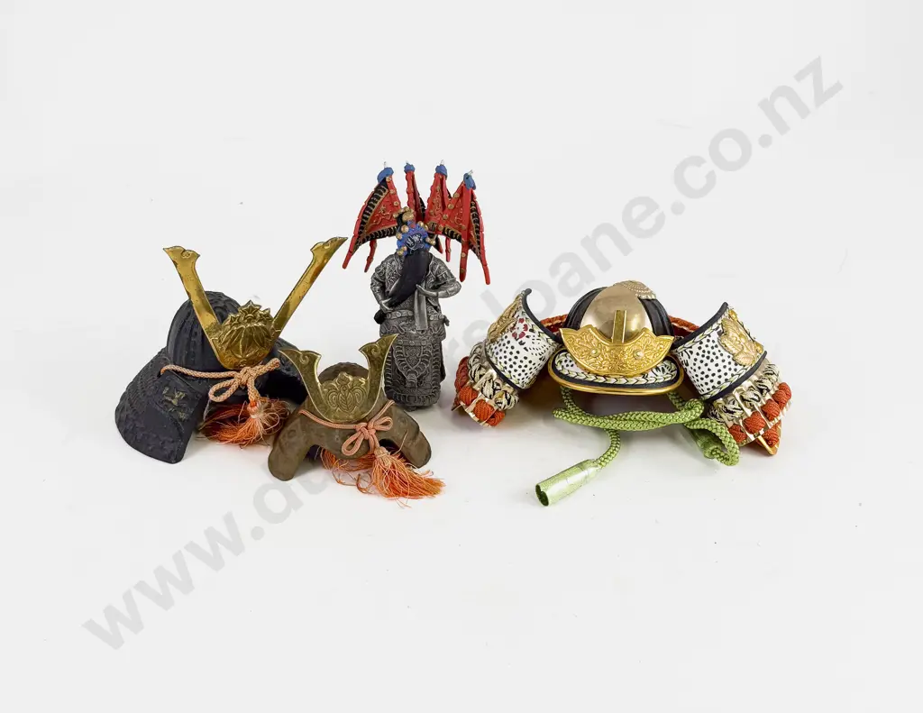 Three Miniature Samurai Helmets with Jing Warrior Figure from a Chinese Opera in Pewter Image 1++