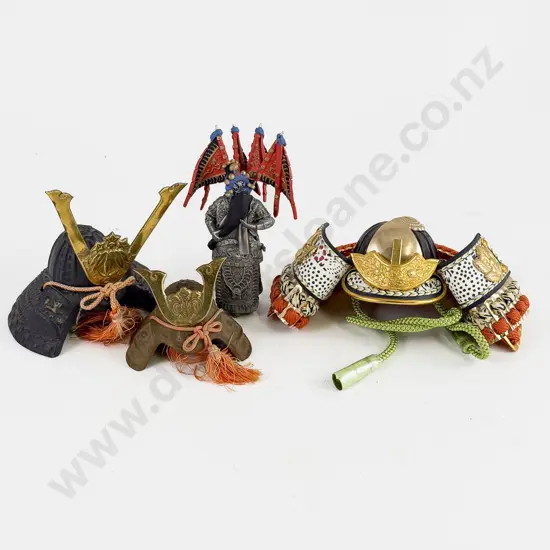 Three Miniature Samurai Helmets with Jing Warrior Figure from a Chinese Opera in Pewter