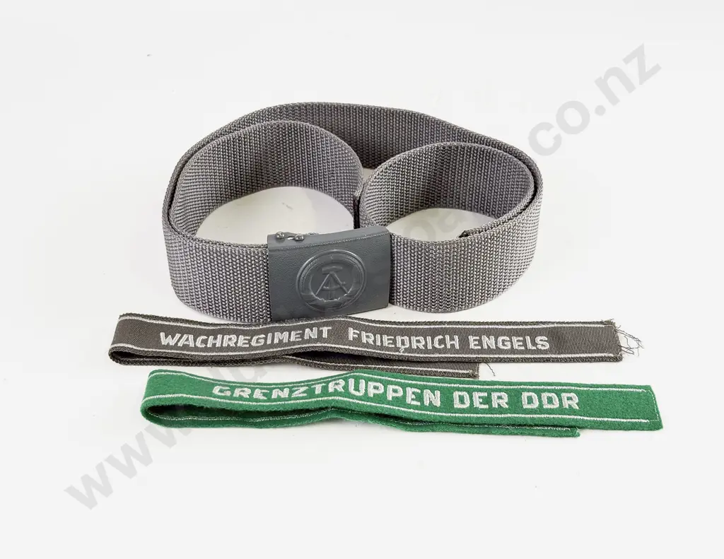 East German Army Web Belt and Buckle with Two Cuff Titles Image 1++